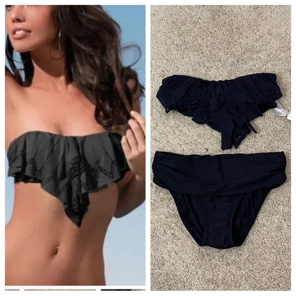 NWT! L Space Flutter Bye Hunter Rose Bandeau Bikini Top black and Despi bottoms
